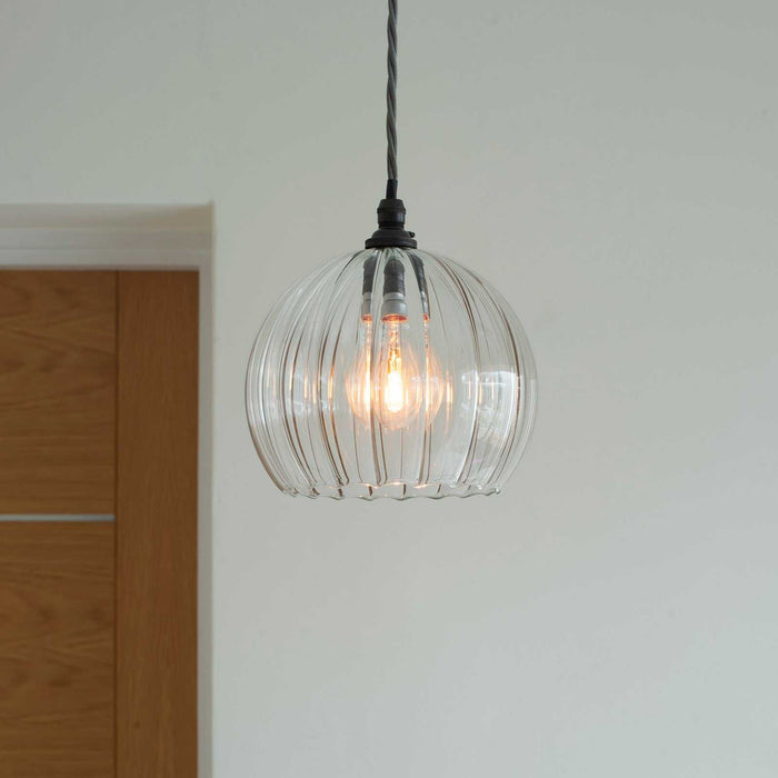 Soho Medium Ribbed Glass Shade pendant light with sleek ribbed glass globe