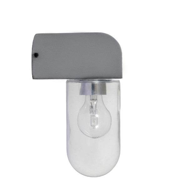 Wall-mounted light fixture with gray top and clear glass base on a white background southbank outdoor wall light