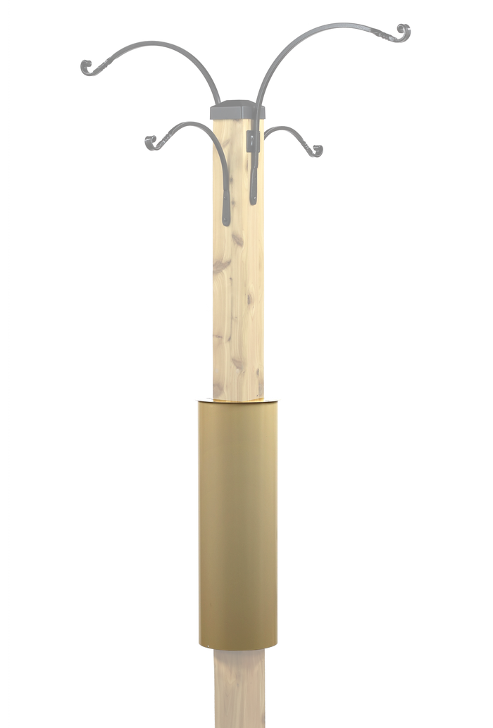 Galvanized steel squirrel baffle attached to a square wooden post, designed to prevent animals from climbing the post to reach bird feeders.
