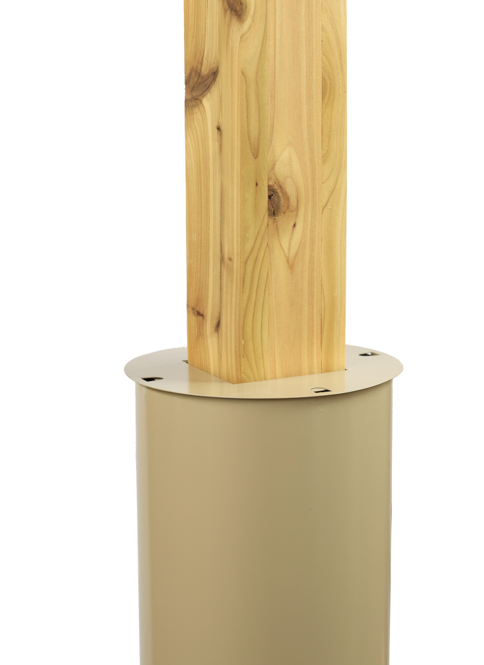 Galvanized steel squirrel baffle attached to a square wooden post, designed to prevent animals from climbing the post to reach bird feeders.