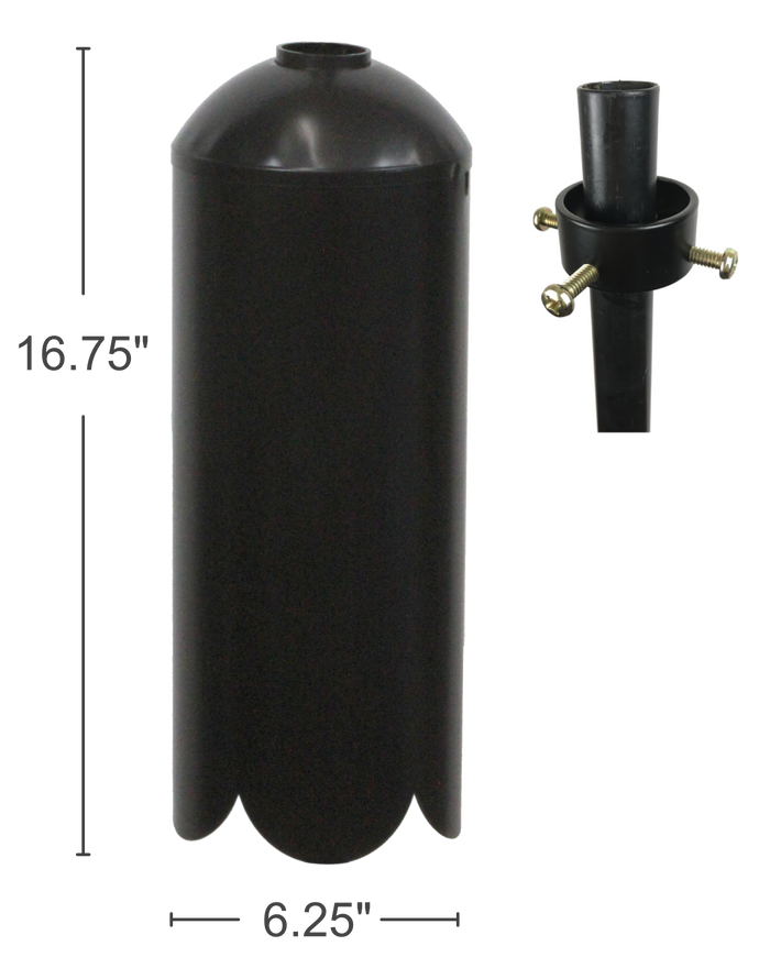 Black powder coated steel squirrel baffle with flange and set screws is 16.75 inches tall and 6.25 inches wide