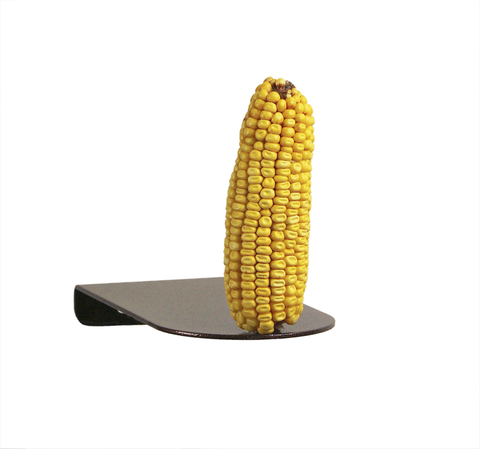 A powder-coated metal platform feeder mounted to a vertical surface with a corn cob placed on it.