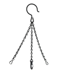 A black bird feeder hanger with a central hook and two smaller snaps on three separate chains all connected to one large black hook.