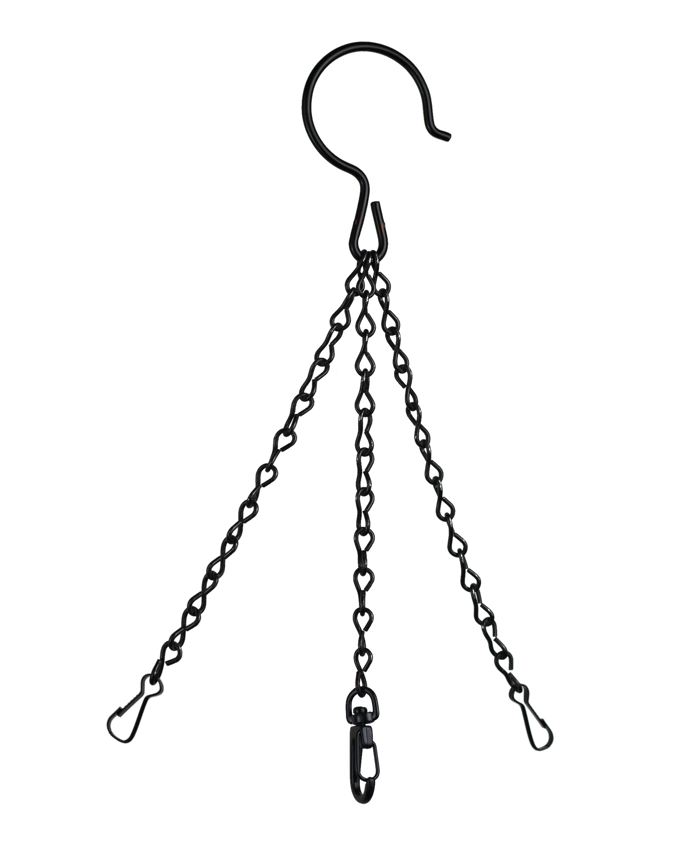 A black bird feeder hanger with a central hook and two smaller snaps on three separate chains all connected to one large black hook.