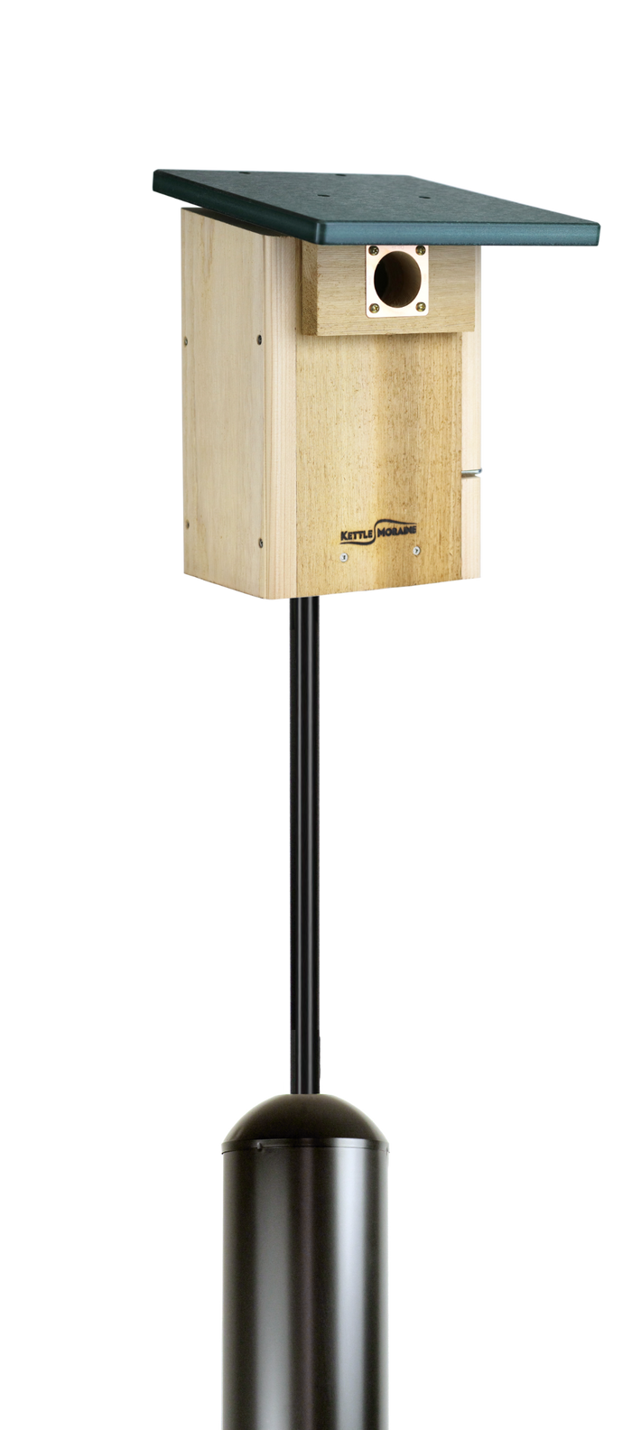 A big cedar bluebird nest box with a green recycled roof and black metal pole package and squirrel baffle