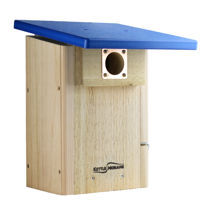 A wooden bluebird nest box with a blue recycled plastic roof, an open hinged door, and a viewing window inside