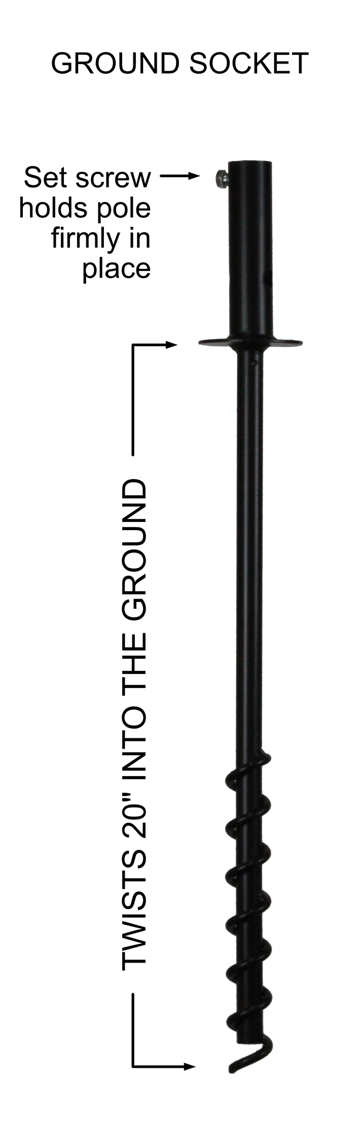 Black metal ground socket with 21 inches of depth and a set screw to hole the pole firmly in place