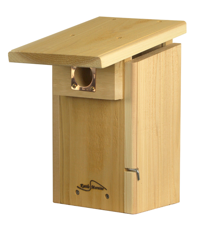 Cedar bluebird nest box has a sloped overhanging roof, copper portal framing the entrance hole, and a left side hinged door.