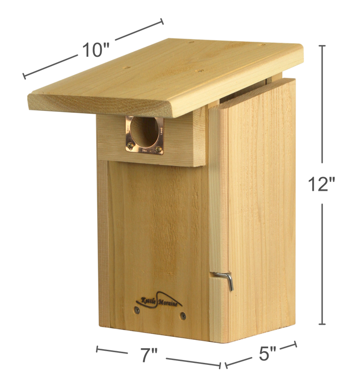 Dimensions cedar bluebird nest box: 12 inches tall, 7 inches long, and 5 inches wide, with a 10 inch long sloped roof.