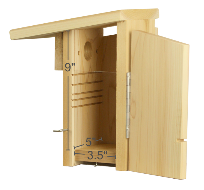 Interior dimensions of cedar bluebird nest box: 9 inches tall, 5 inches long, and 3.5 inches wide.