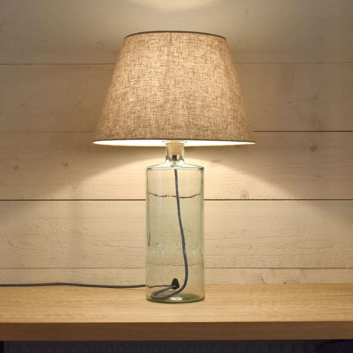 Recycled glass tall table lamp with handmade fabric shade and eco-friendly design