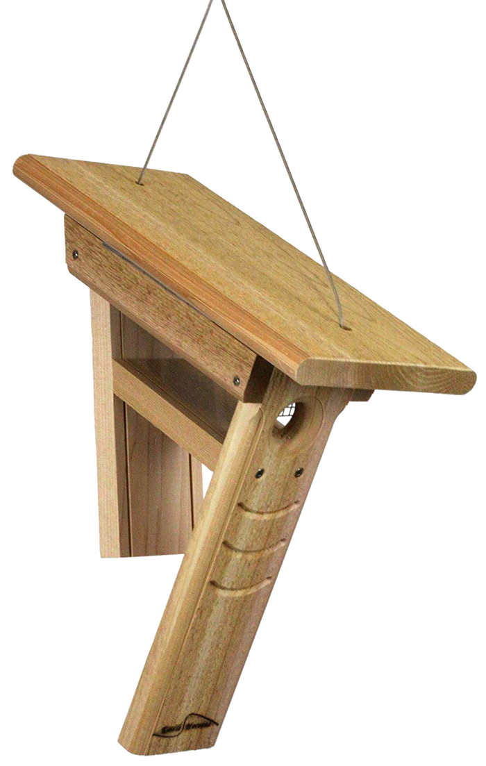 Cedar clinger woodpecker feeder is on an downward angle to deter pesky birds.