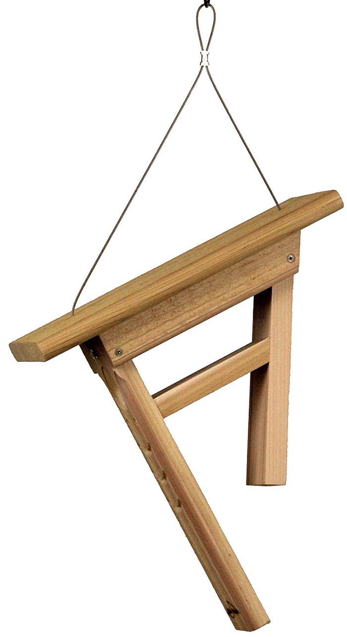 Side view of cedar kettle moraine clinger woodpecker feeder with side viewing windows and hanging cable.