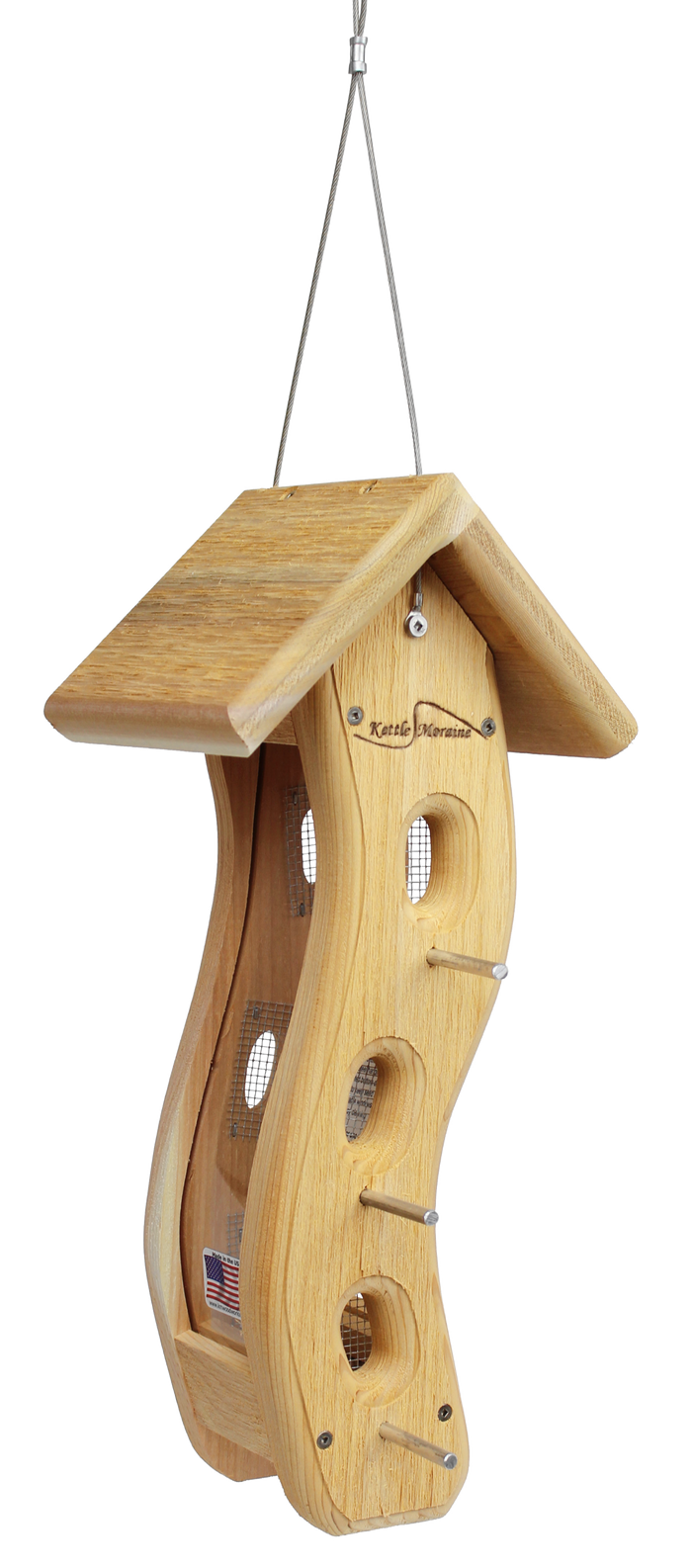 Cedar wave feeder has 6 total feeding ports with perches (3 on front and 3 on back), and 2 plexiglass sides. Has a pointed roof and silver hanging cable.