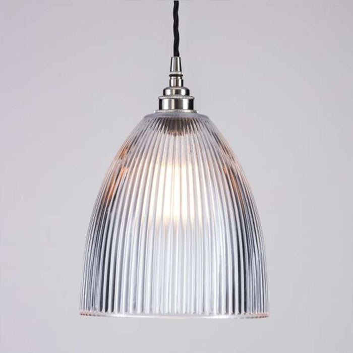 The Strand Prismatic Glass Pendant Light medium with vintage bell-shaped prismatic glass shade and handcrafted French design