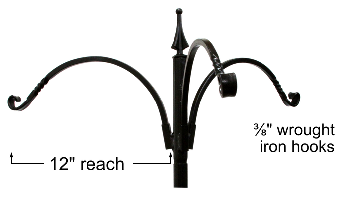 Three arm topper for pole kit made of wrought iron with twisted detailed hook. 12 inches of reach and 3/8 inch hooks.