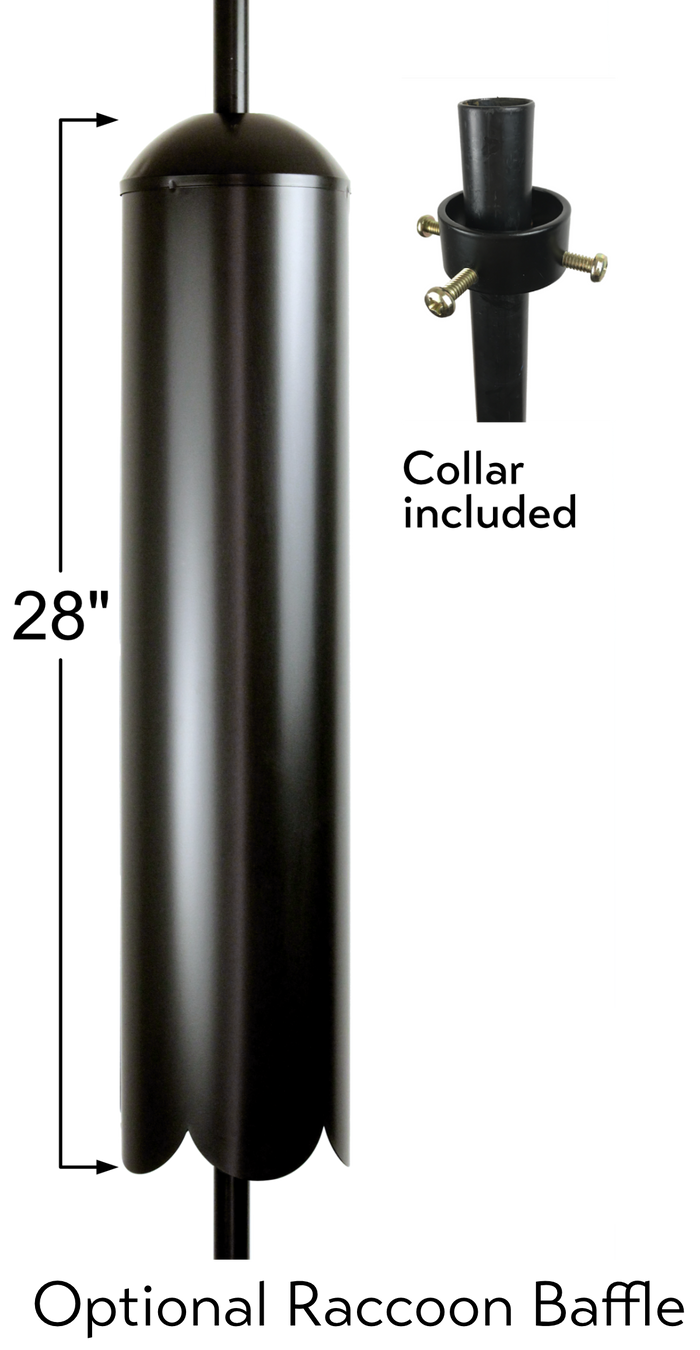 Black metal racoon baffle on a pole is 28 inches tall and comes with collar
