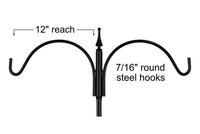 Black steel two arm pole topper has 12 inches of reach each and 7/16 inch round hooks.