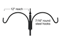 Two arm black steel pole topper. Each arm with 12 inches of reach and 7/16 inch hooks