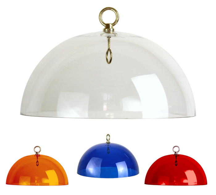 A set of four acrylic weather domes in different colors (clear, orange, red, and blue) designed to protect bird feeders. Comes with brass hanging hardware.