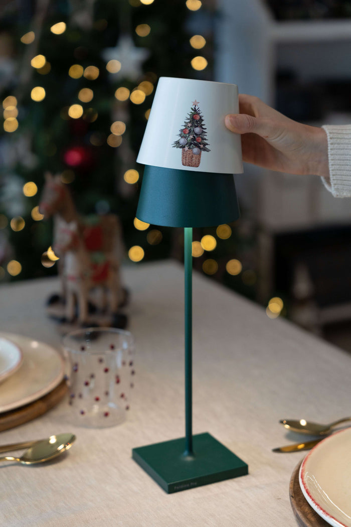 Zafferano Poldina Metal Cover Christmas Edition with white finish and Christmas tree design on Poldina lamp