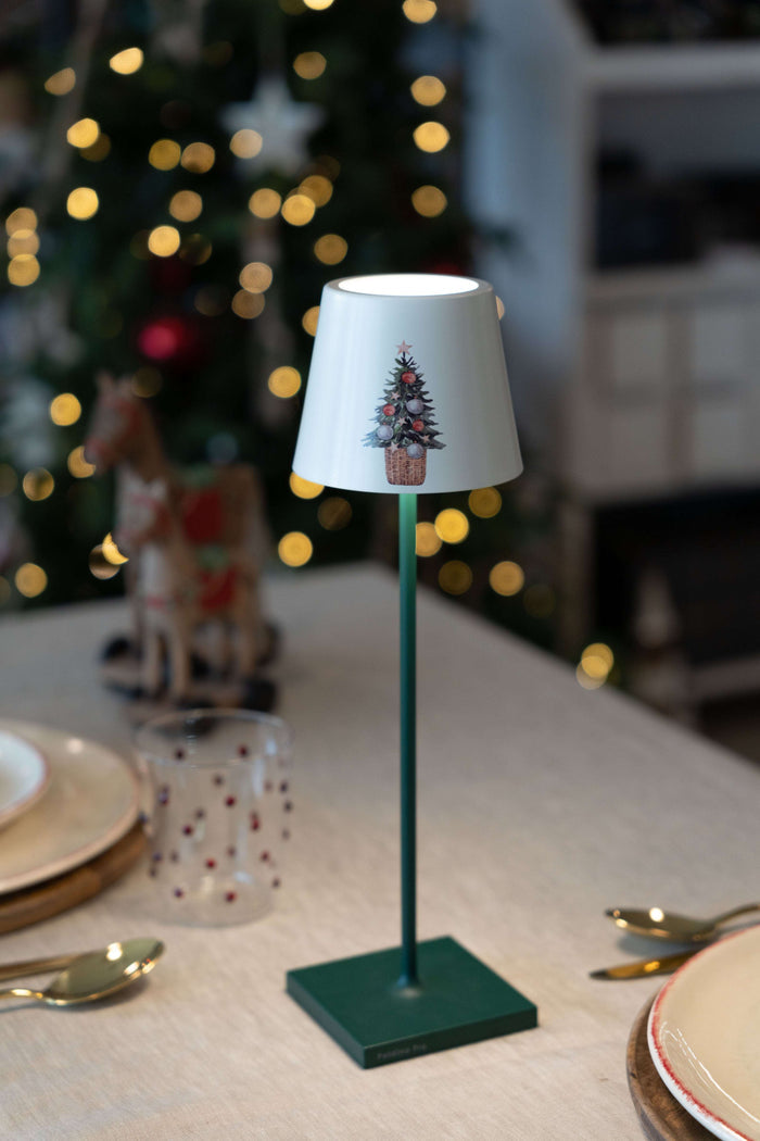 Poldina Metal Cover Christmas Edition with white finish and festive Christmas tree design on lamp