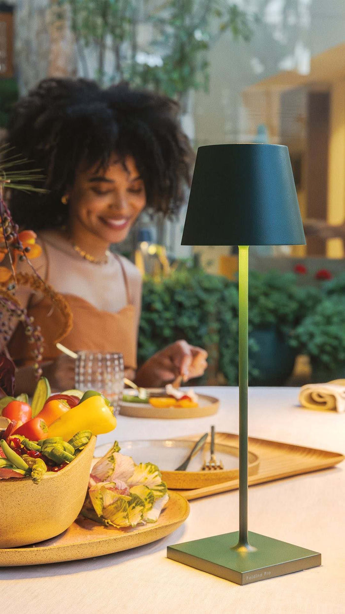 Zafferano Poldina Pro rechargeable dark green table lamp with modern design and waterproof rating for indoor and outdoor use